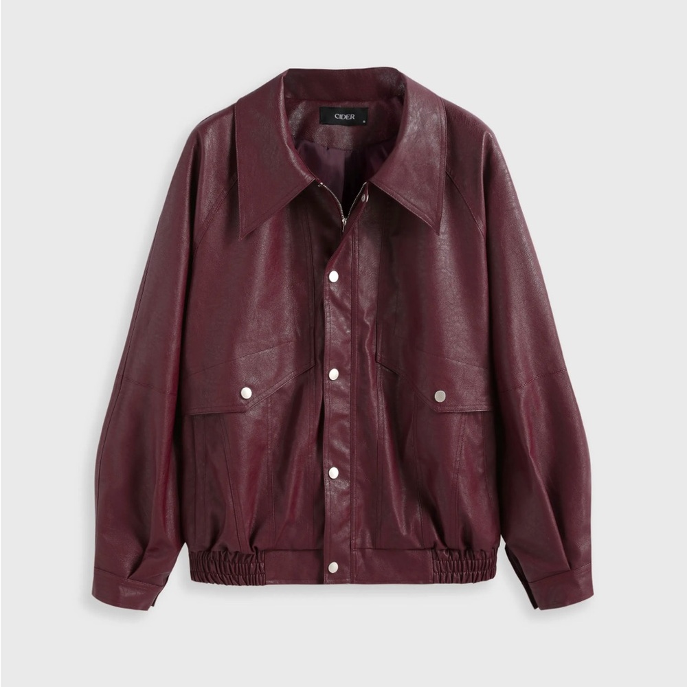 Deep Burgundy Faux Leather Bomber Jacket